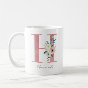 Caneca De Café Letra oral Elegante H rosa e Buquê de marfim