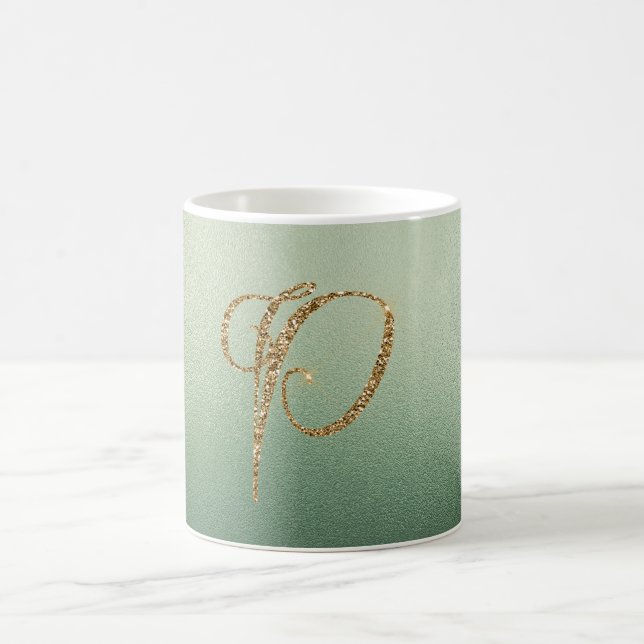 Caneca De Café Letra P Brilho Dourado Verde Oliva (Centro)