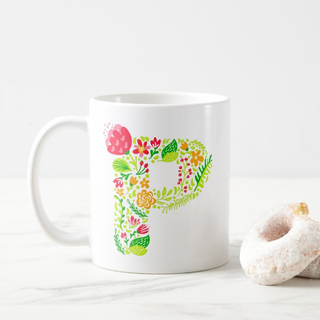 Caneca De Café Letra P em Flores Coffee Mug (Com Donut)