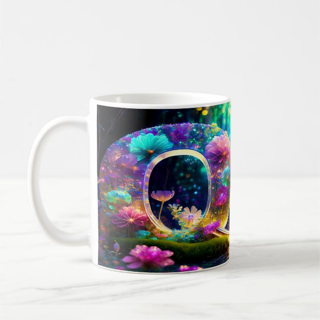 Caneca De Café Letra Q floral brilhante (Esquerda)