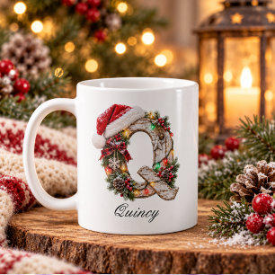 Caneca De Café Letra Q Monograma de Natal Festivo Rústico