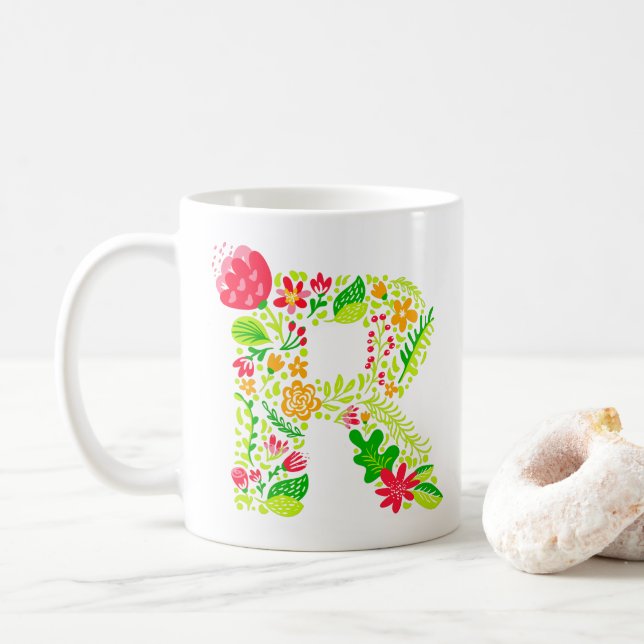 Caneca De Café Letra R em Flores Coffee Mug (Com Donut)