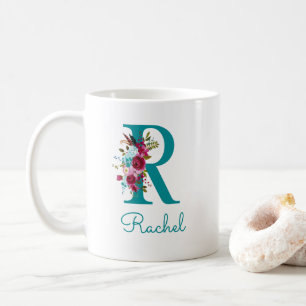 Caneca De Café Letra R Floral Rosa Turquesa