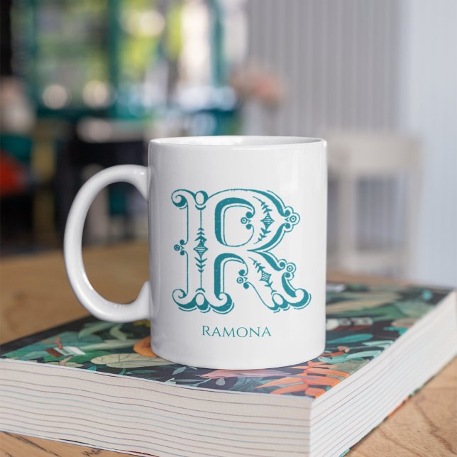 Caneca De Café Letra R Monograma Teal Nome Moderno (Criador carregado)