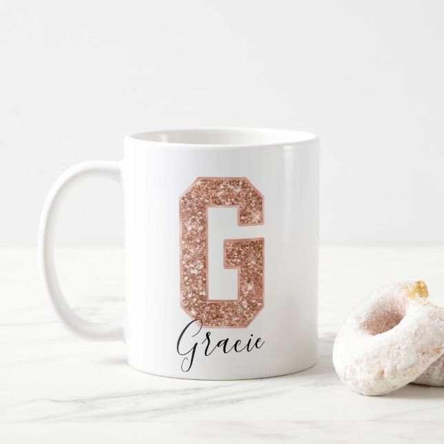 Caneca De Café Letra rosa Dourada Glitter Varsity Monograma G (Com Donut)