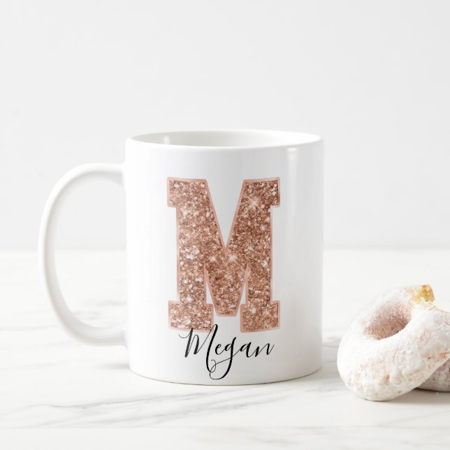 Caneca De Café Letra rosa Dourada Glitter Varsity Monograma M (Com Donut)