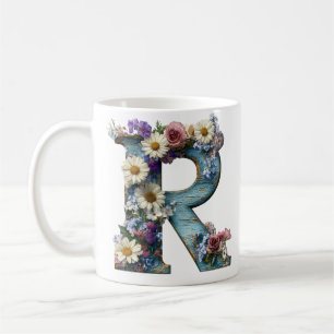 Caneca De Café Letra Rústica R Flor Silvestre Floral