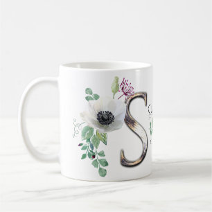 Caneca De Café Letra S com flores elegantes
