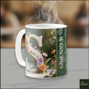 Caneca De Café Letra S Monograma de Jardim Floral Branco