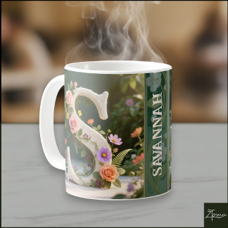 Caneca De Café Letra S Monograma de Jardim Floral Branco