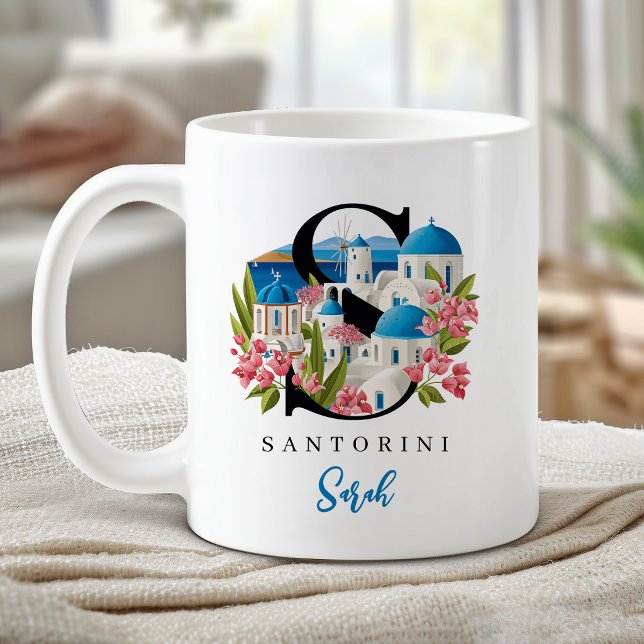 Caneca De Café Letra S Monograma de Santorini Presente Personaliz (Santorini Monogram Letter S Personalized Gift Coffee Mug)