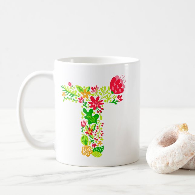 Caneca De Café Letra T em Flores Coffee Mug (Com Donut)