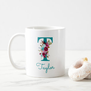 Caneca De Café Letra T Floral Rosa Turquesa