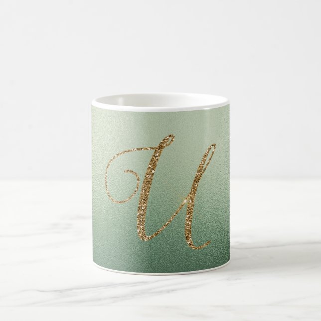 Caneca De Café Letra U com Brilho Dourado Verde Oliva (Centro)