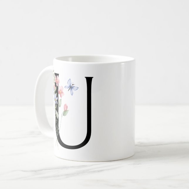 Caneca De Café Letra U com flores (Frente Esquerda)