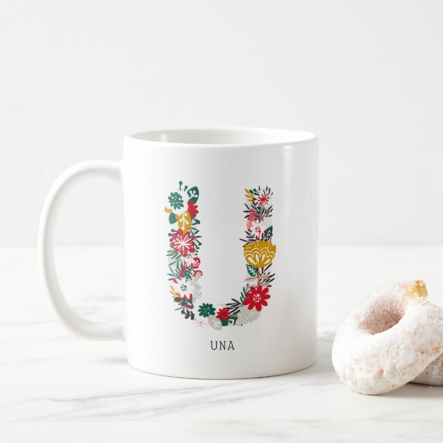 Caneca De Café Letra U | Whimsical Floral - Letra Monograma I Mug (Com Donut)