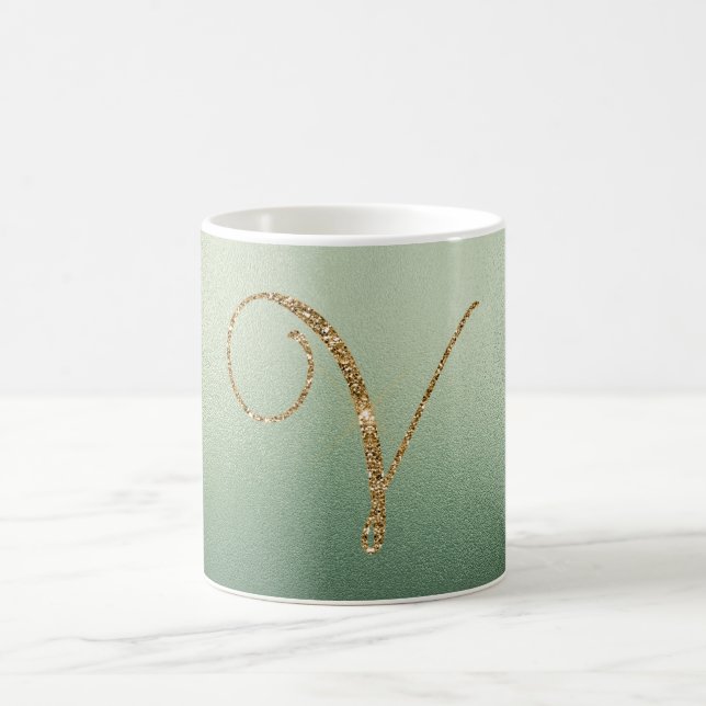 Caneca De Café Letra V Brilhante Dourada Verde Oliva (Centro)