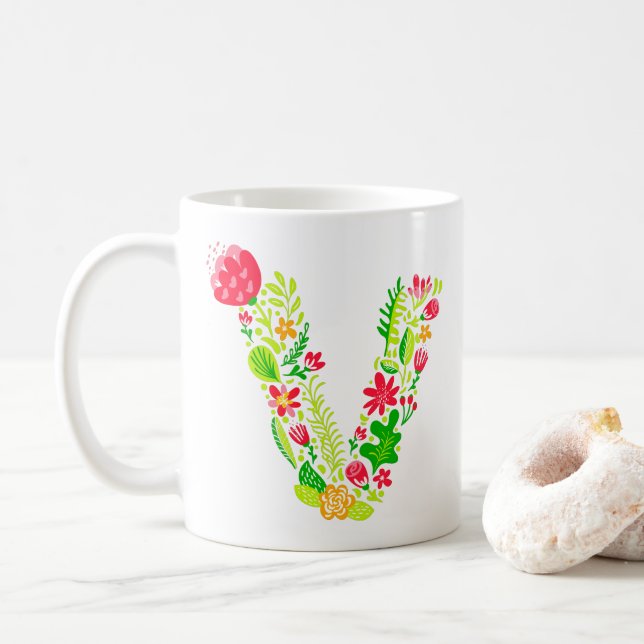 Caneca De Café Letra V em Flores Coffee Mug (Com Donut)
