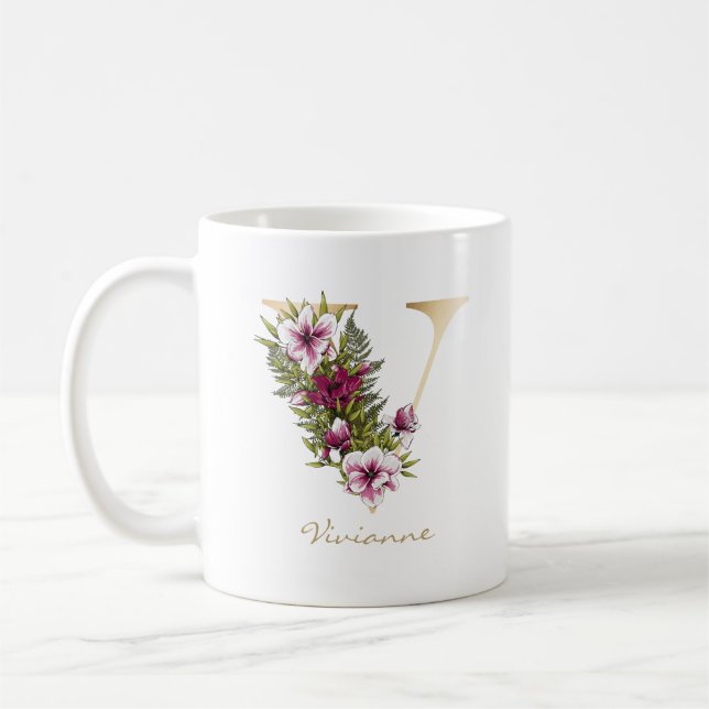 Caneca De Café Letra V Monograma Dourado Marsala White Florals (Esquerda)
