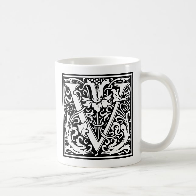 Caneca De Café Letra V Monograma Medieval Art Nouveau (Direita)