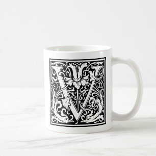Caneca De Café Letra V Monograma Medieval Arte Nova