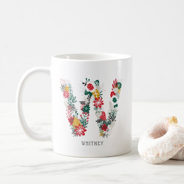 Caneca De Café Letra W | Whimsical Floral - Letra Monograma I Mug (Com Donut)