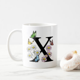 Caneca De Café Letra X Floral Borboleta Monograma Inicial