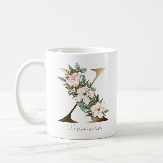 Caneca De Café Letra X Monograma Dourado Branco Blush Laranja Flo (Esquerda)