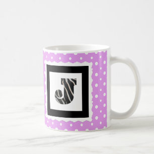 Caneca De Café Letra zebra impressa "J" nas Bolinhas Lilac/White