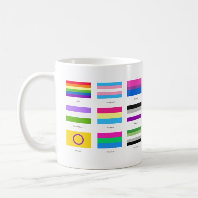 Caneca De Café LGBTQIA Pride 9 x FLAGS Rainbow Advertência Chic (Esquerda)