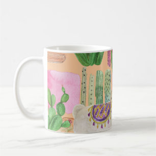 Caneca De Café Lhamas aquarelas, cactos: padrão sem costura.