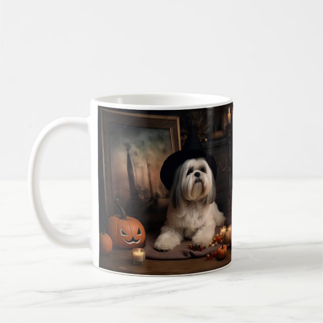 Caneca De Café Lhasa Apso Abóboras Dia das Bruxas Assustador (Esquerda)
