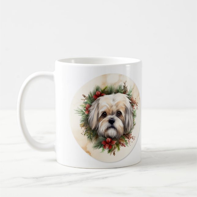 Caneca De Café Lhasa Apso Christmas Wreath Festivo Pup (Esquerda)