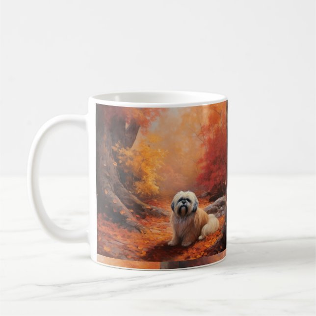 Caneca De Café Lhasa Apso no outono Folhas caem inspiração (Esquerda)