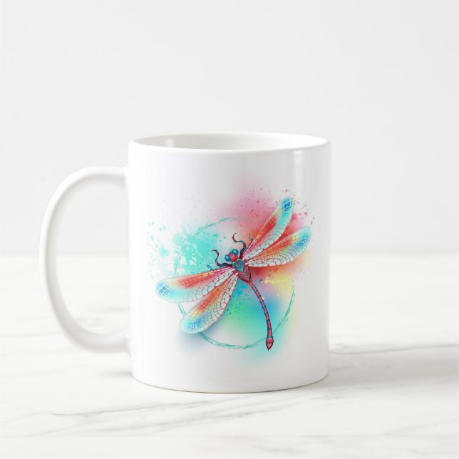 Caneca De Café libélula vermelha sobre fundo de aquarela (Esquerda)