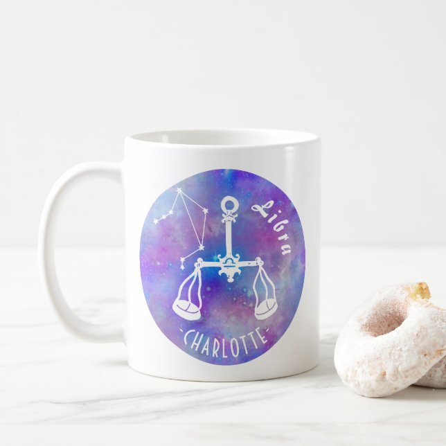 Caneca De Café Libra Escala Constelação Estrelas Nome Aniversário (Com Donut)