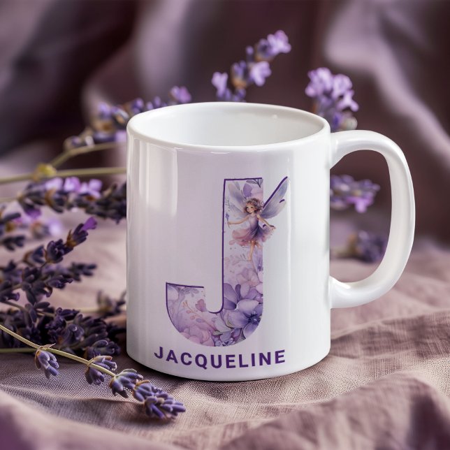 Caneca De Café Lilac Fairy Monograma J Personalizado (Personalized Lilac Fairy Monogram J Coffee Mug)