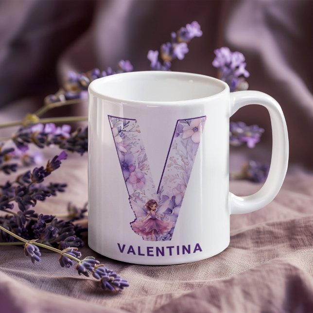 Caneca De Café Lilac Fairy Monograma Personalizado V (Personalized Lilac Fairy Monogram V Coffee Mug)