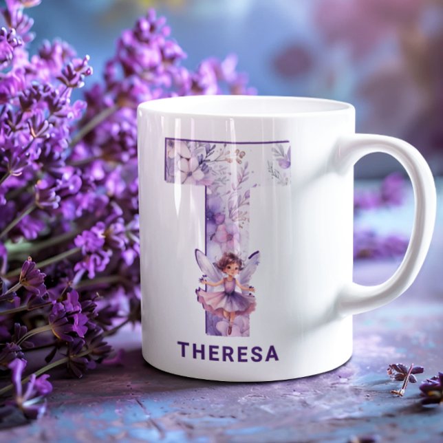 Caneca De Café Lilac Fairy Monograma T Personalizado (Personalized Lilac Fairy Monogram T Coffee Mug)