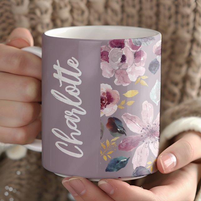 Caneca De Café Lilac Floral Pattern Monogram  (Criador carregado)