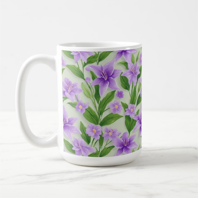 Caneca De Café Lilases Roxas Vibrantes Com Folhas Verdes (Esquerda)