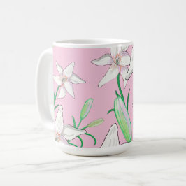 Caneca De Café Lillies Brancos na Ilustração de Fundo Rosa