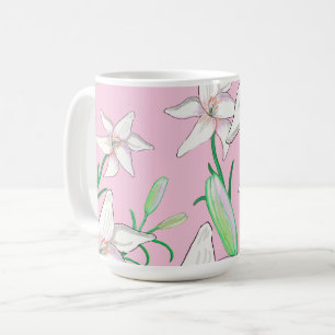 Caneca De Café Lillies Brancos na Ilustração de Fundo Rosa