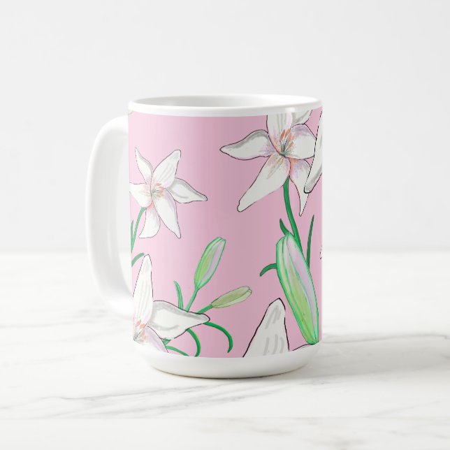 Caneca De Café Lillies Brancos na Ilustração de Fundo Rosa (Frente Esquerda)