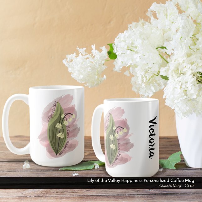 Caneca De Café Lily da Felicidade do Vale Personalizada (Lily of the Valley Happiness Personalized Coffee Mug - 15 oz Size)