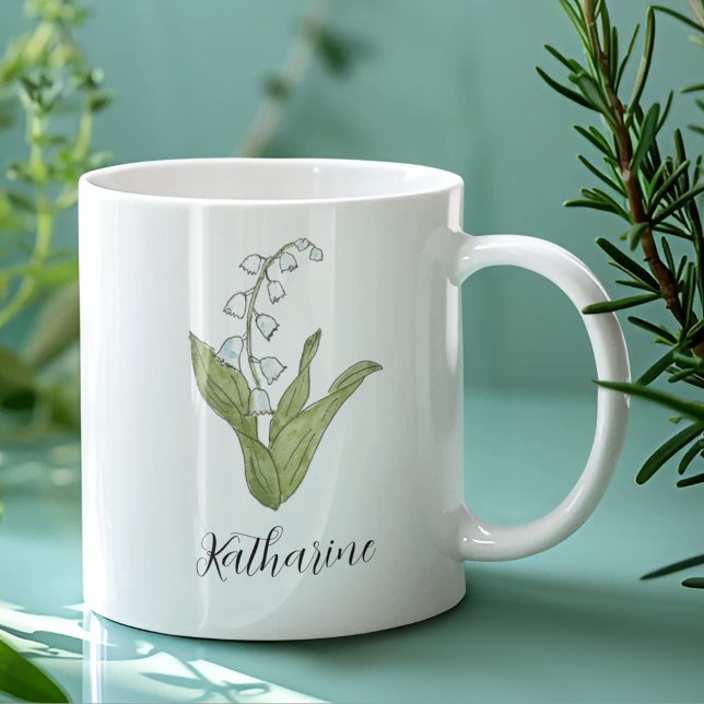 Caneca De Café Lily do Vale Elegante Personalizado Floral (Featuring original art of Lily of the Valley, plus pretty script, this floral mug is a great gift.)