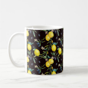 Caneca De Café Limão de aquarelas e ramos de oliveira, sem costu