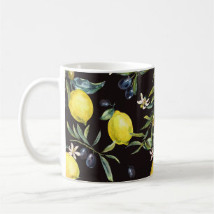 Caneca De Café Limão, ramos de oliveira: padrão de aquarela.