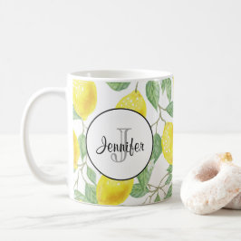 Caneca De Café Limões Amarelos com Monograma de Padrão de Folhas