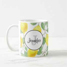 Caneca De Café Limões Amarelos com Monograma de Padrão de Folhas 